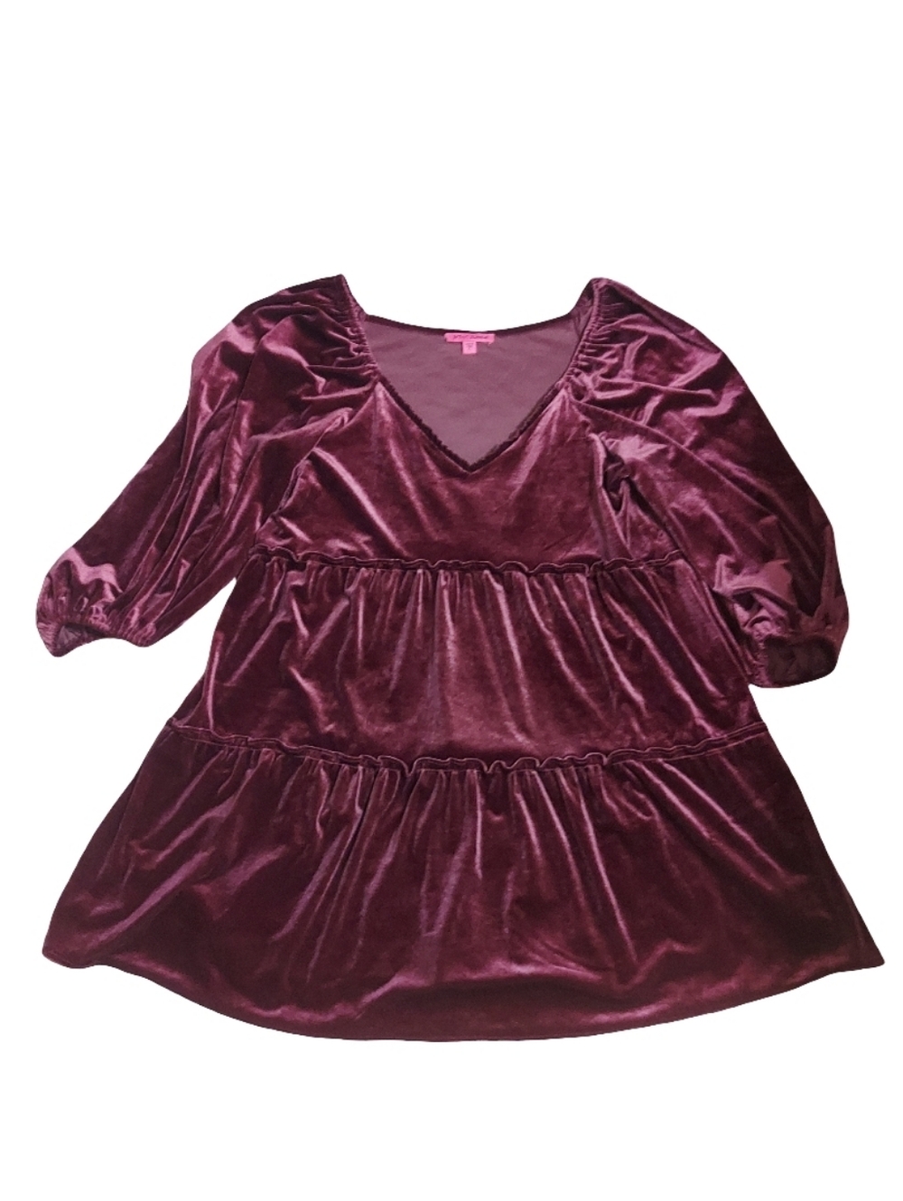 Betsey Johnson Velvet Tiered Babydoll Dress In Burgundy - Picture 11 of 16
